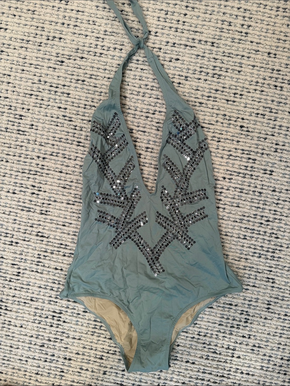 Italian Halter One-Piece Swimsuit with Sequin Detail - Sage Green size m